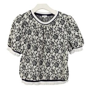 VOY Black White Floral Knit Puff Sleeve Cottage Sweater Womens Small Peasant